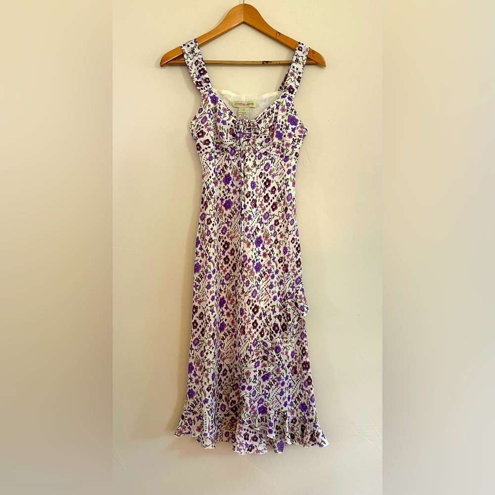 Y2K Vintage Purple Floral Ruffle Dress Ruched Cottagecore Coquette Sundress XS–S - Picture 2 of 9